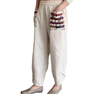 imageMinibee Womens Baggy Linen Wide Leg Trousers Casual Patchwork Elastic Waist Harem PantsLinen