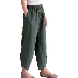 imageMinibee Womens Baggy Linen Wide Leg Trousers Casual Patchwork Elastic Waist Harem PantsSolid Armygreen