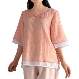 imageMinibee Womens Cotton Linen Shirts Summer 34 Length Sleeve Tops Chinese Frog Casual BlouseOrange Pink