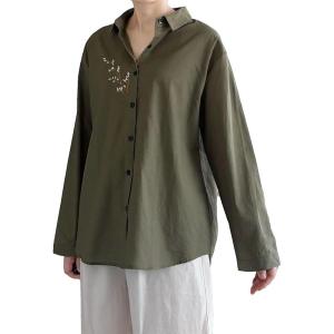 imageMinibee Womens Button Down Shirts Cotton Linen Long Sleeve Collared Casual Blouses Embroidered Tunic TopsArmy Green