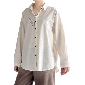 imageMinibee Womens Button Down Shirts Cotton Linen Long Sleeve Collared Casual Blouses Embroidered Tunic TopsCream