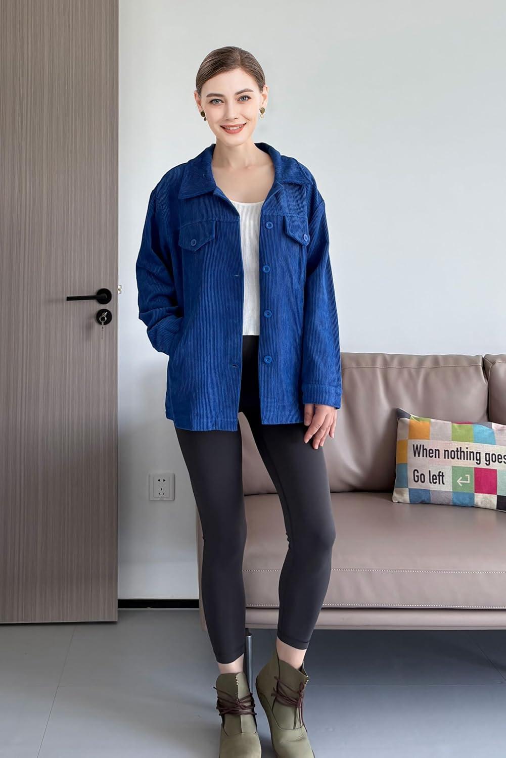 imageMinibee Womens Corduroy Jacket Long Sleeve Shacket Button Down Shirts Casual Coats Tops with Side PocketsBlue