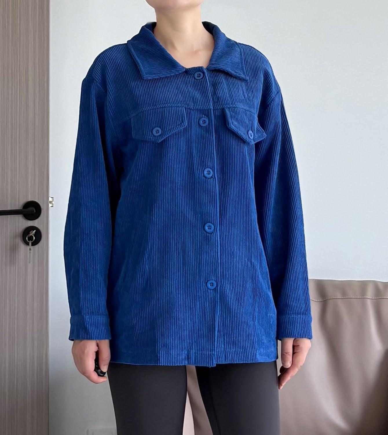 imageMinibee Womens Corduroy Jacket Long Sleeve Shacket Button Down Shirts Casual Coats Tops with Side PocketsBlue