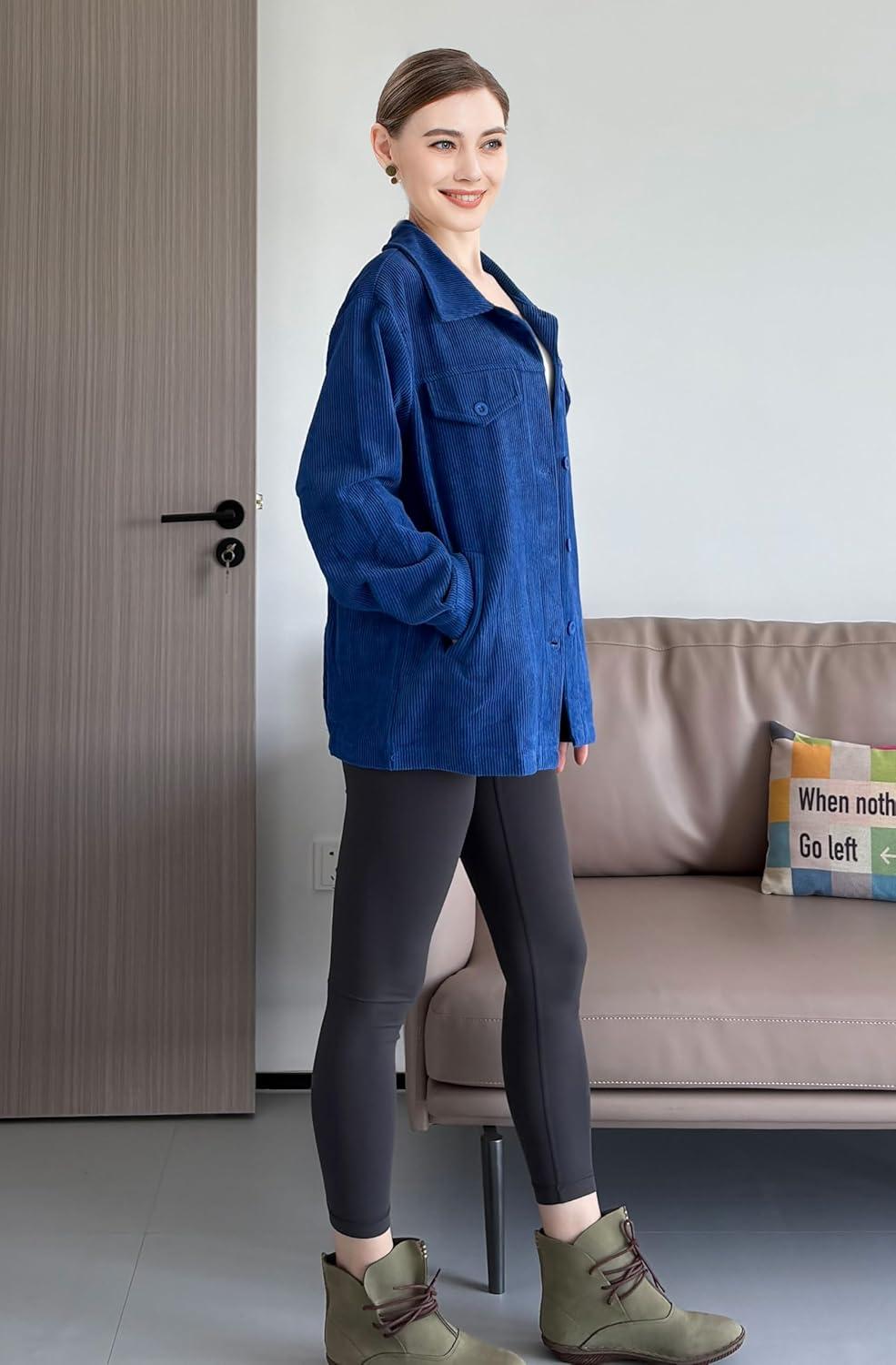 imageMinibee Womens Corduroy Jacket Long Sleeve Shacket Button Down Shirts Casual Coats Tops with Side PocketsBlue