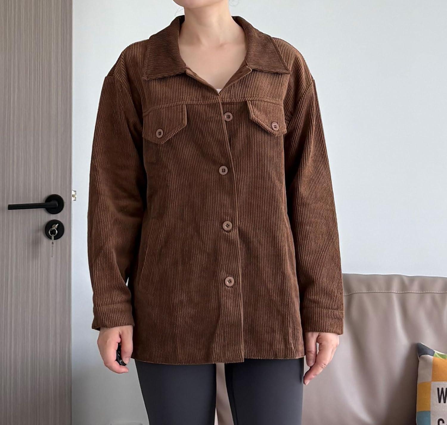 imageMinibee Womens Corduroy Jacket Long Sleeve Shacket Button Down Shirts Casual Coats Tops with Side PocketsBrown