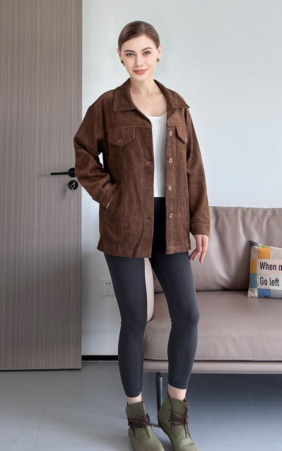 imageMinibee Womens Corduroy Jacket Long Sleeve Shacket Button Down Shirts Casual Coats Tops with Side PocketsBrown