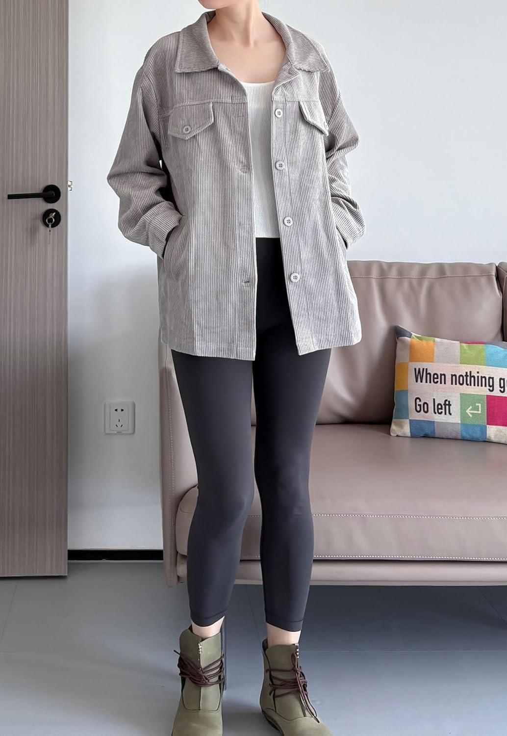 imageMinibee Womens Corduroy Jacket Long Sleeve Shacket Button Down Shirts Casual Coats Tops with Side PocketsGray