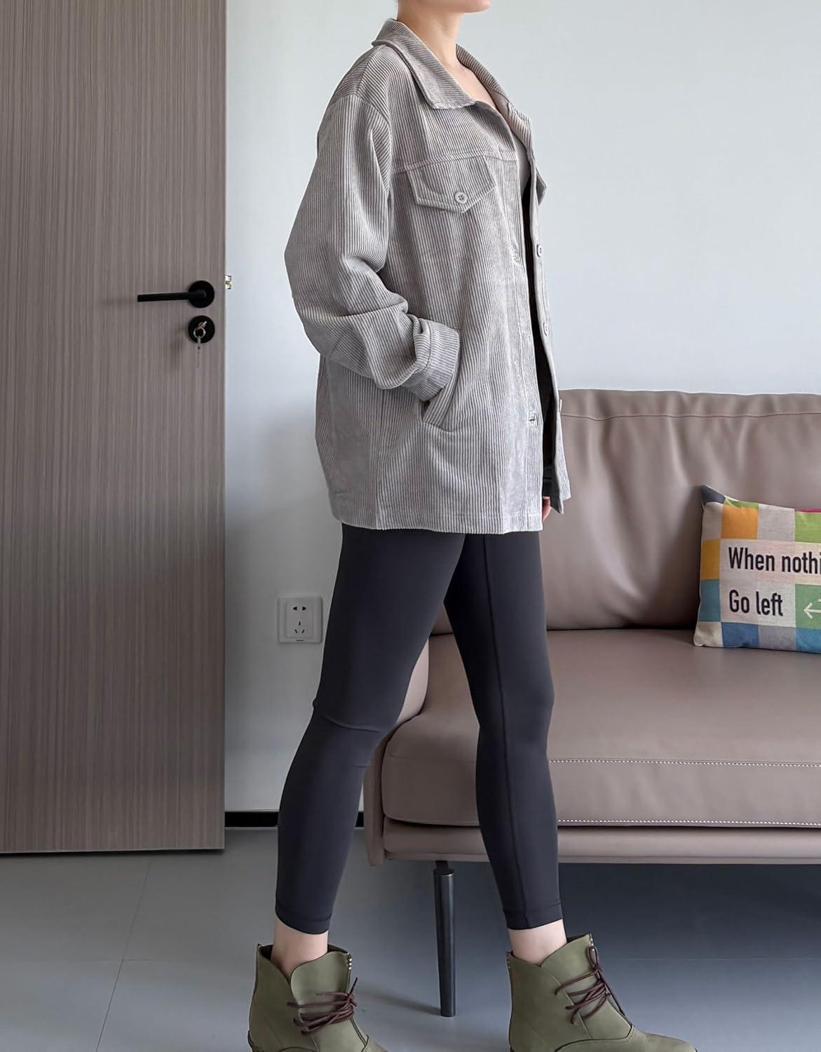 imageMinibee Womens Corduroy Jacket Long Sleeve Shacket Button Down Shirts Casual Coats Tops with Side PocketsGray