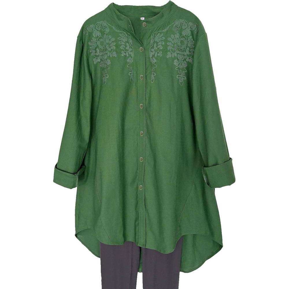 imageMinibee Womens Cotton Linen Shirt High Low Button Down Embroidered Blouse Long Sleeve Tunic TopsGreen