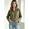 image:imageMinibee Womens Cotton Linen Button Down Shirts Long Sleeve Embroidered Blouses Casual Loose Fit Tunic TopsArmy Green