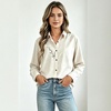 image:imageMinibee Womens Cotton Linen Button Down Shirts Long Sleeve Embroidered Blouses Casual Loose Fit Tunic TopsCream