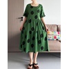 image:imageMinibee Womens Cotton Linen Dress Summer Polka Dot Short Sleeve Casual Loose ALine Boho Midi Dresses with PocketsGreen