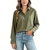 image:imageMinibee Womens Cotton Linen Button Down Shirts Long Sleeve Embroidered Blouses Casual Loose Fit Tunic TopsArmy Green