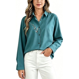 image:imageMinibee Womens Cotton Linen Button Down Shirts Long Sleeve Embroidered Blouses Casual Loose Fit Tunic TopsBlue