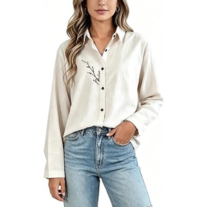 image:imageMinibee Womens Cotton Linen Button Down Shirts Long Sleeve Embroidered Blouses Casual Loose Fit Tunic TopsCream