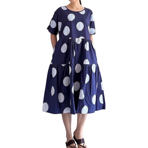 image:imageMinibee Womens Cotton Linen Dress Summer Polka Dot Short Sleeve Casual Loose ALine Boho Midi Dresses with PocketsBlue