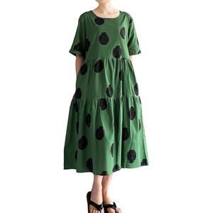 image:imageMinibee Womens Cotton Linen Dress Summer Polka Dot Short Sleeve Casual Loose ALine Boho Midi Dresses with PocketsGreen