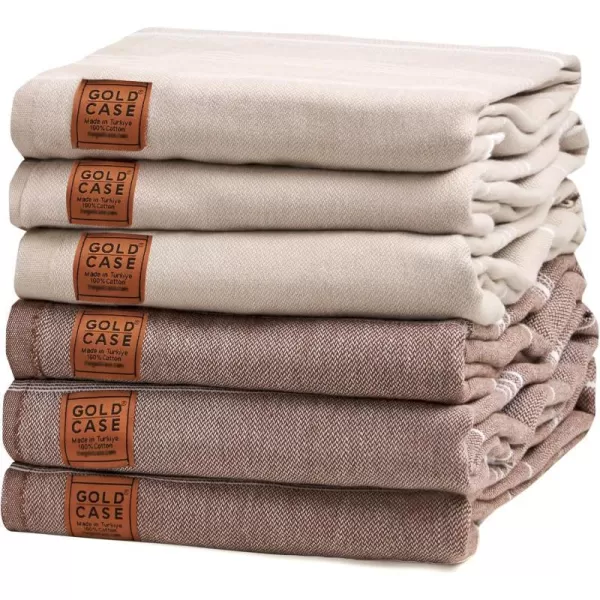 Gold CASE Turkish Beach Towel  Set of 6100 Cotton  70x38 inches XXL Oversized  PREWashed  Quick Dry Sand Free Turkish Towel  Lightweight Bath Towels OlymposMulticolor2Brownbeige BeachBath Towel Set