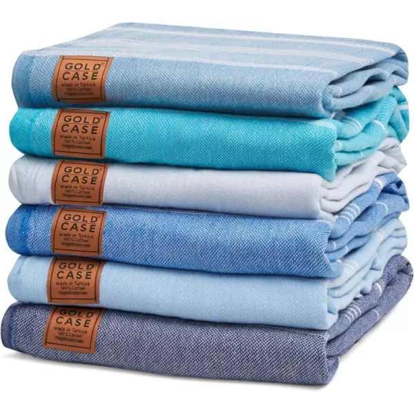 Gold CASE Turkish Beach Towel  Set of 6100 Cotton  70x38 inches XXL Oversized  PREWashed  Quick Dry Sand Free Turkish Towel  Lightweight Bath Towels OlymposMulticolor2Tones of Blue BeachBath Towel Set