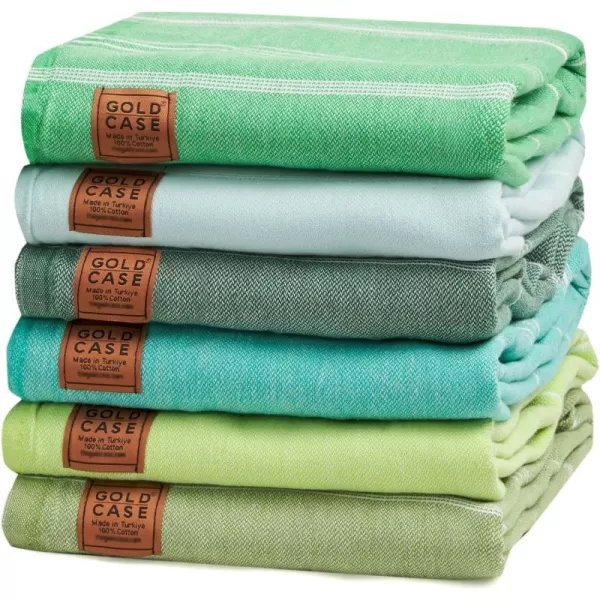 Gold CASE Turkish Beach Towel  Set of 6100 Cotton  70x38 inches XXL Oversized  PREWashed  Quick Dry Sand Free Turkish Towel  Lightweight Bath Towels OlymposMulticolor2Tones of Green BeachBath Towel Set