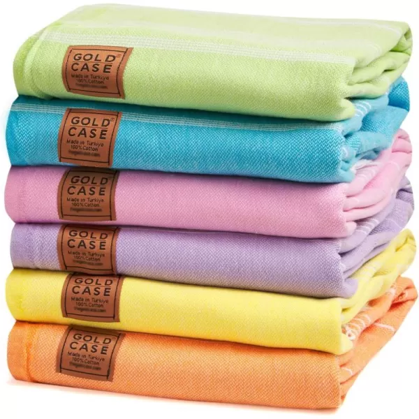 Gold CASE Turkish Beach Towel  Set of 6100 Cotton  70x38 inches XXL Oversized  PREWashed  Quick Dry Sand Free Turkish Towel  Lightweight Bath Towels OlymposMulticolor2Multicolor2 BeachBath Towel Set