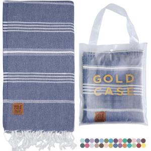 imageGold CASE Turkish Beach Towel  100 Cotton Large Turkish Bath Towels 70 x 38  LYCIA Oversized Quick Dry ampamp Sand Free Beach Towel with Bag  Lightweight Turkish Towels  BeigeNavy Blue