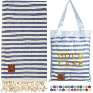 imageGold CASE Turkish Beach Towel  100 Cotton Large Turkish Bath Towels with Bag 71 x 40  MYRA Oversized Quick Dry ampamp Sand Free Towels  Lightweight Peshtemal  AquaNavy Blue