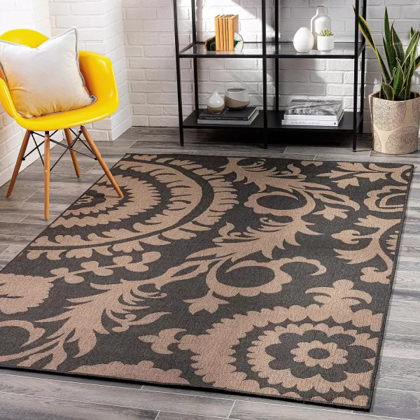 Alysia Cream and gray Indoor  Outdoor Area Rug 73 Square53 Round Black amp Camel