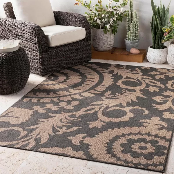 Alysia Cream and gray Indoor  Outdoor Area Rug 73 Square53 Round Black amp Camel