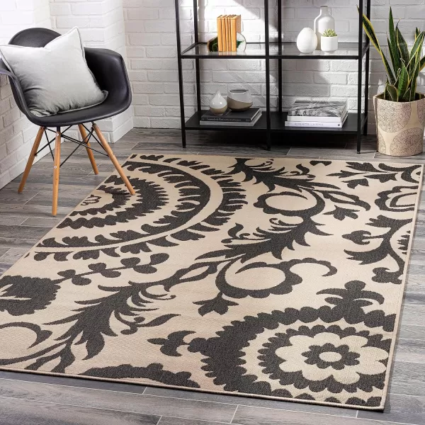 Alysia Cream and gray Indoor  Outdoor Area Rug 73 Square53 Round Cream amp Black