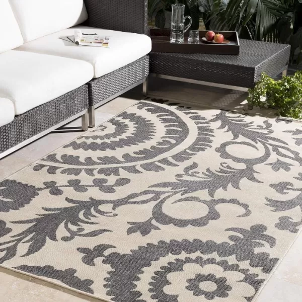 Alysia Cream and gray Indoor  Outdoor Area Rug 73 Square25 x 1110 Cream amp Black