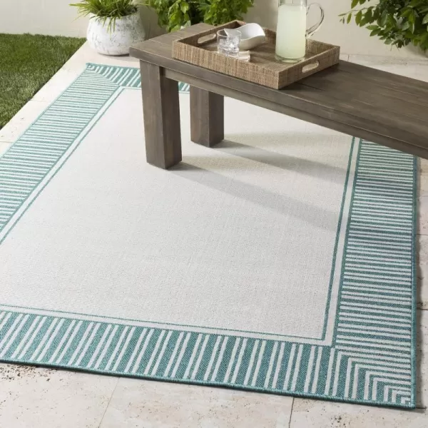 Artistic Weavers Hampshire Solid Border Outdoor Area Rug 73 Square Taupe25 x 1110 TealWhite