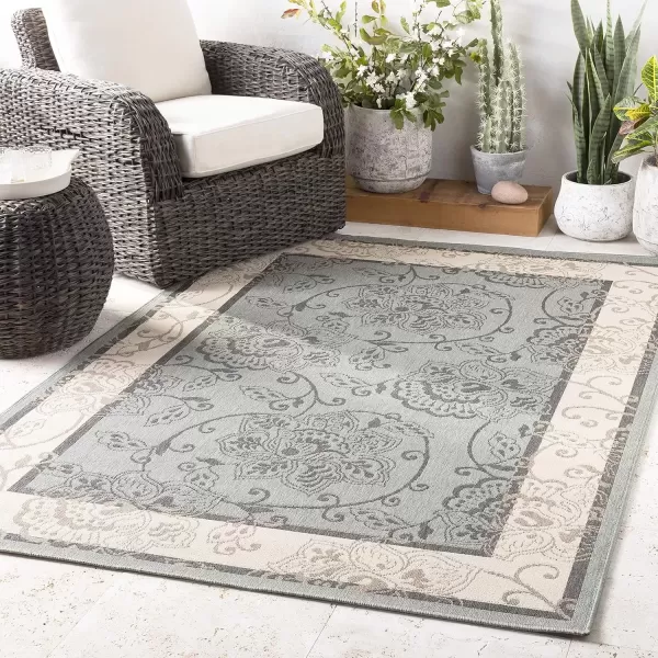 imageLivabliss Rhoda Outdoor Border Area Rug810quot SquareTaupeBrownMoss