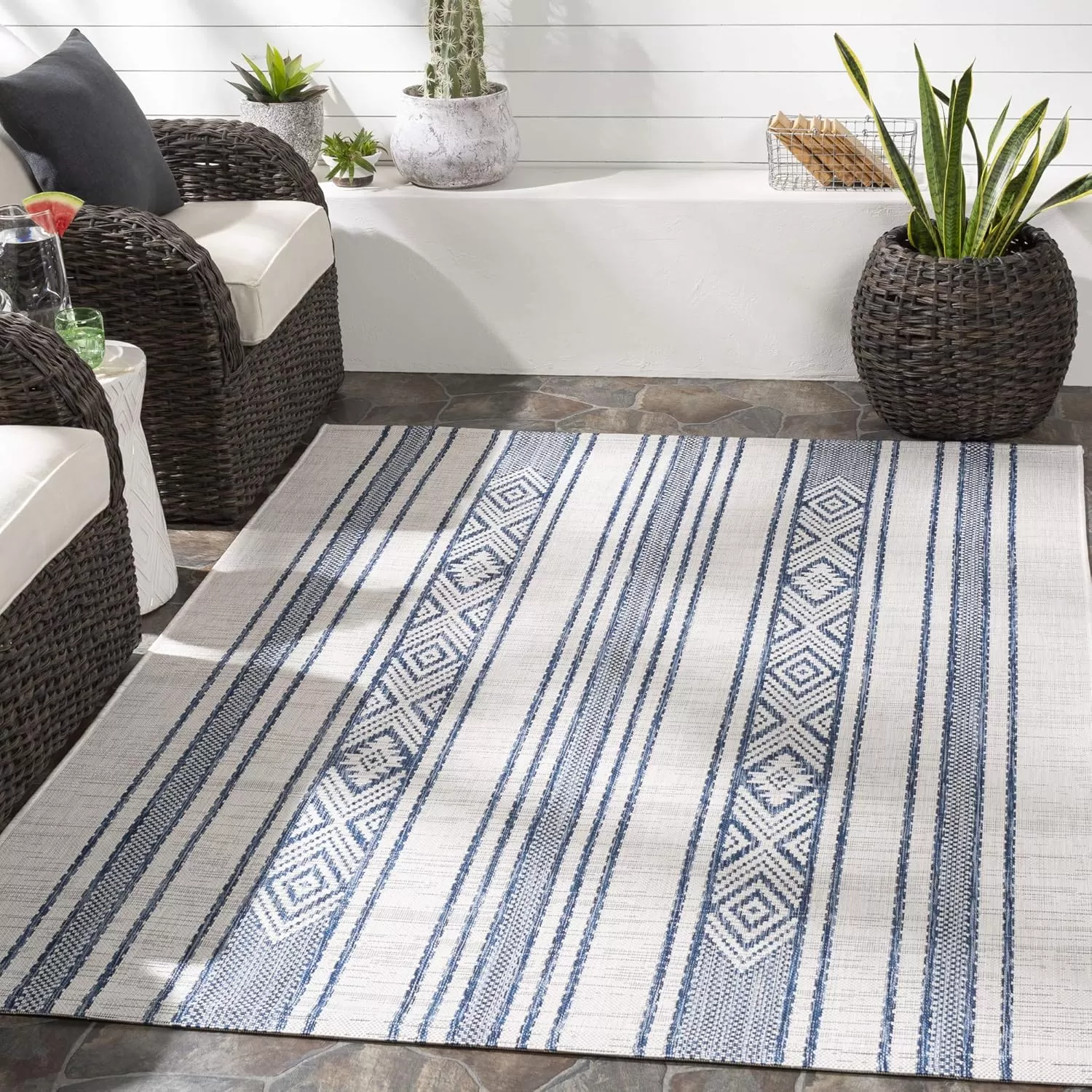 imageLivabliss Esperanza Striped Outdoor Area Rug43quot x 511quotBright BlueWhiteBright BlueWhite