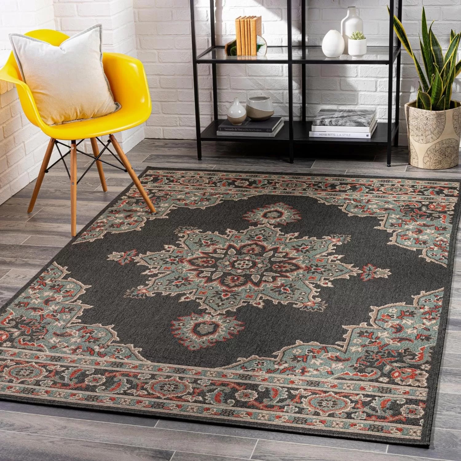 imageLivabliss Maritza Medallion IndoorOutdoor Area Rug 73quot Square DenimBlack