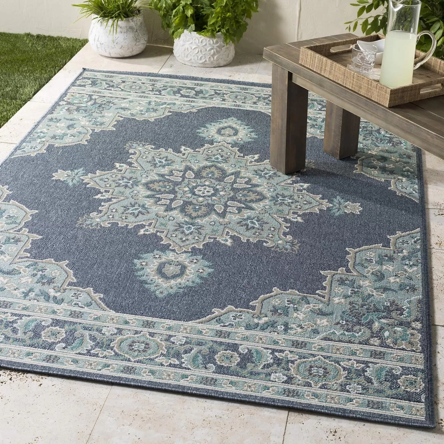 imageLivabliss Maritza Medallion IndoorOutdoor Area Rug 73quot Square DenimDenim