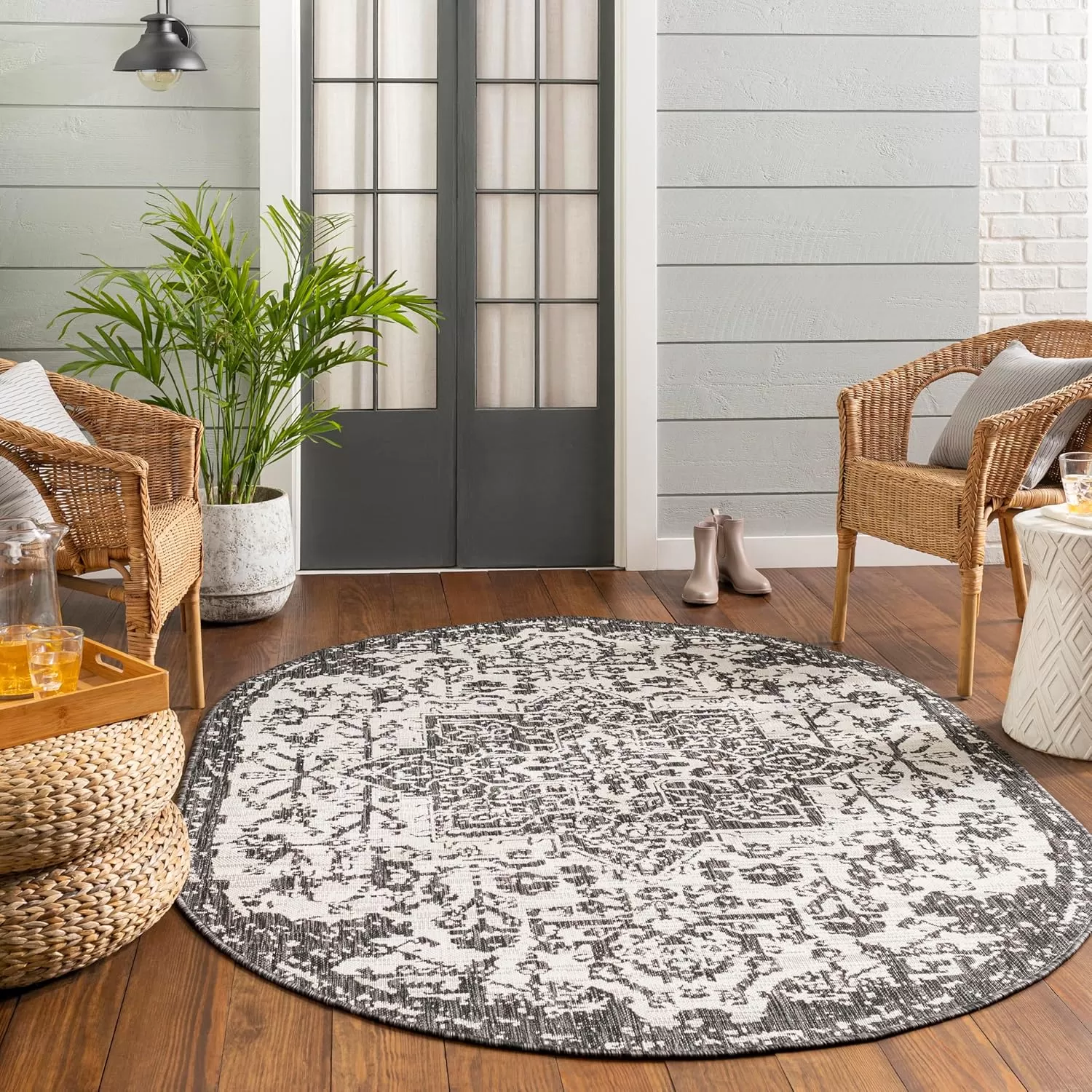 imageLivabliss Masha Vintage Medallion Outdoor Area Rug710quot SquareDark Gray710 Square