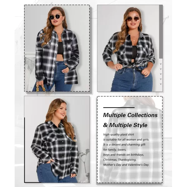 LALAGEN Plus Size Flannel Shirts for Women 2023 Oversized Boyfriend Plaid Shirt Casual Loose Long Sleeve Button Down BlouseAblack