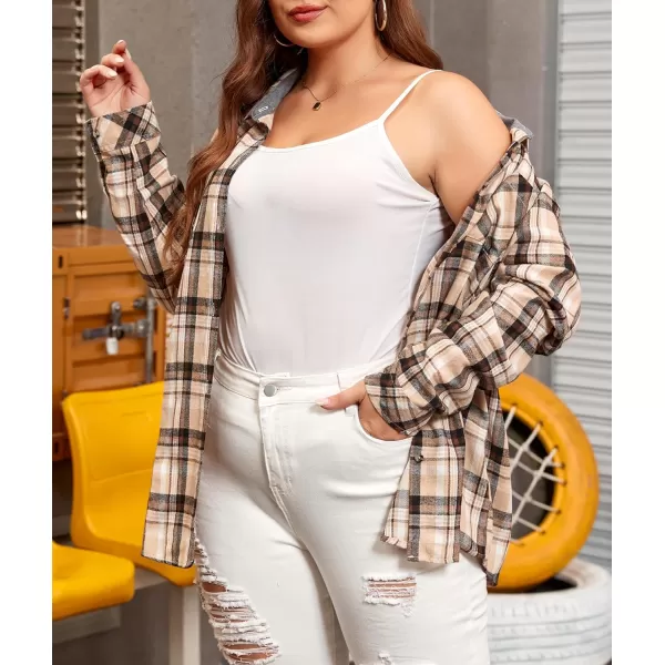 LALAGEN Plus Size Flannel Shirts for Women 2023 Oversized Boyfriend Plaid Shirt Casual Loose Long Sleeve Button Down BlouseApricot