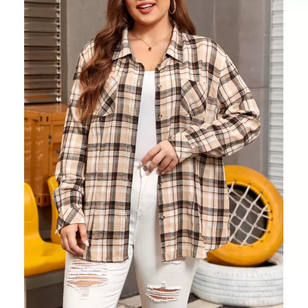 LALAGEN Plus Size Flannel Shirts for Women 2023 Oversized Boyfriend Plaid Shirt Casual Loose Long Sleeve Button Down BlouseApricot