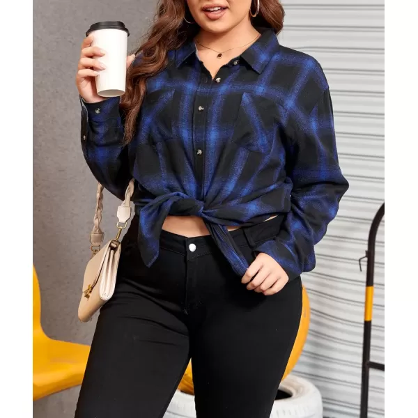 LALAGEN Plus Size Flannel Shirts for Women 2023 Oversized Boyfriend Plaid Shirt Casual Loose Long Sleeve Button Down BlouseBlack Blue