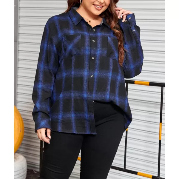 LALAGEN Plus Size Flannel Shirts for Women 2023 Oversized Boyfriend Plaid Shirt Casual Loose Long Sleeve Button Down BlouseBlack Blue