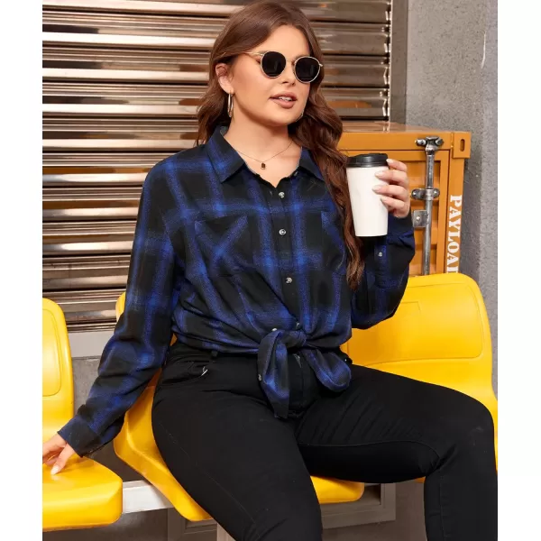 LALAGEN Plus Size Flannel Shirts for Women 2023 Oversized Boyfriend Plaid Shirt Casual Loose Long Sleeve Button Down BlouseBlack Blue