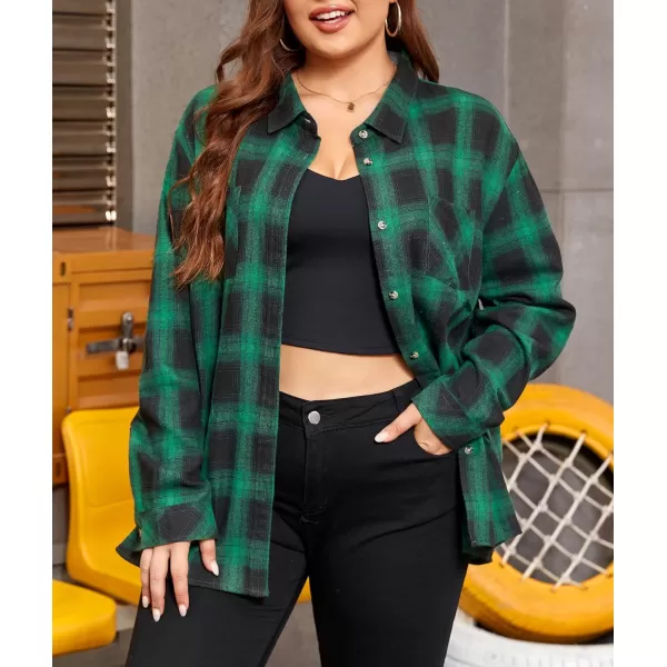 LALAGEN Plus Size Flannel Shirts for Women 2023 Oversized Boyfriend Plaid Shirt Casual Loose Long Sleeve Button Down BlouseBlack Green