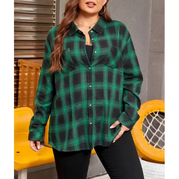 LALAGEN Plus Size Flannel Shirts for Women 2023 Oversized Boyfriend Plaid Shirt Casual Loose Long Sleeve Button Down BlouseBlack Green