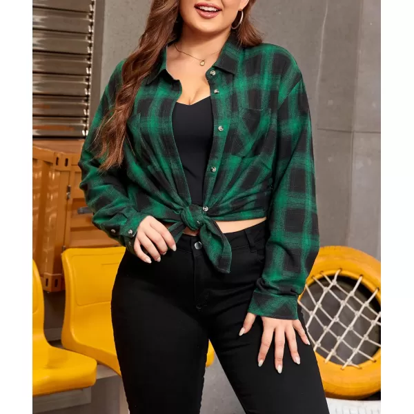 LALAGEN Plus Size Flannel Shirts for Women 2023 Oversized Boyfriend Plaid Shirt Casual Loose Long Sleeve Button Down BlouseBlack Green