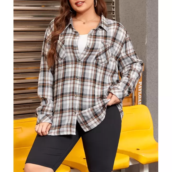 LALAGEN Plus Size Flannel Shirts for Women 2023 Oversized Boyfriend Plaid Shirt Casual Loose Long Sleeve Button Down BlouseModern Grey