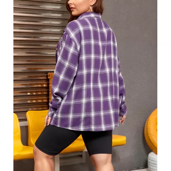 LALAGEN Plus Size Flannel Shirts for Women 2023 Oversized Boyfriend Plaid Shirt Casual Loose Long Sleeve Button Down BlousePurple White