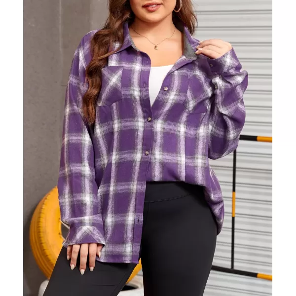 LALAGEN Plus Size Flannel Shirts for Women 2023 Oversized Boyfriend Plaid Shirt Casual Loose Long Sleeve Button Down BlousePurple White