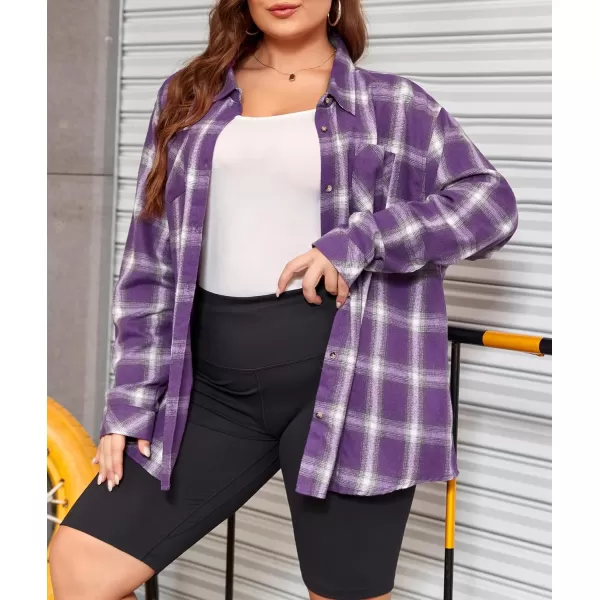 LALAGEN Plus Size Flannel Shirts for Women 2023 Oversized Boyfriend Plaid Shirt Casual Loose Long Sleeve Button Down BlousePurple White